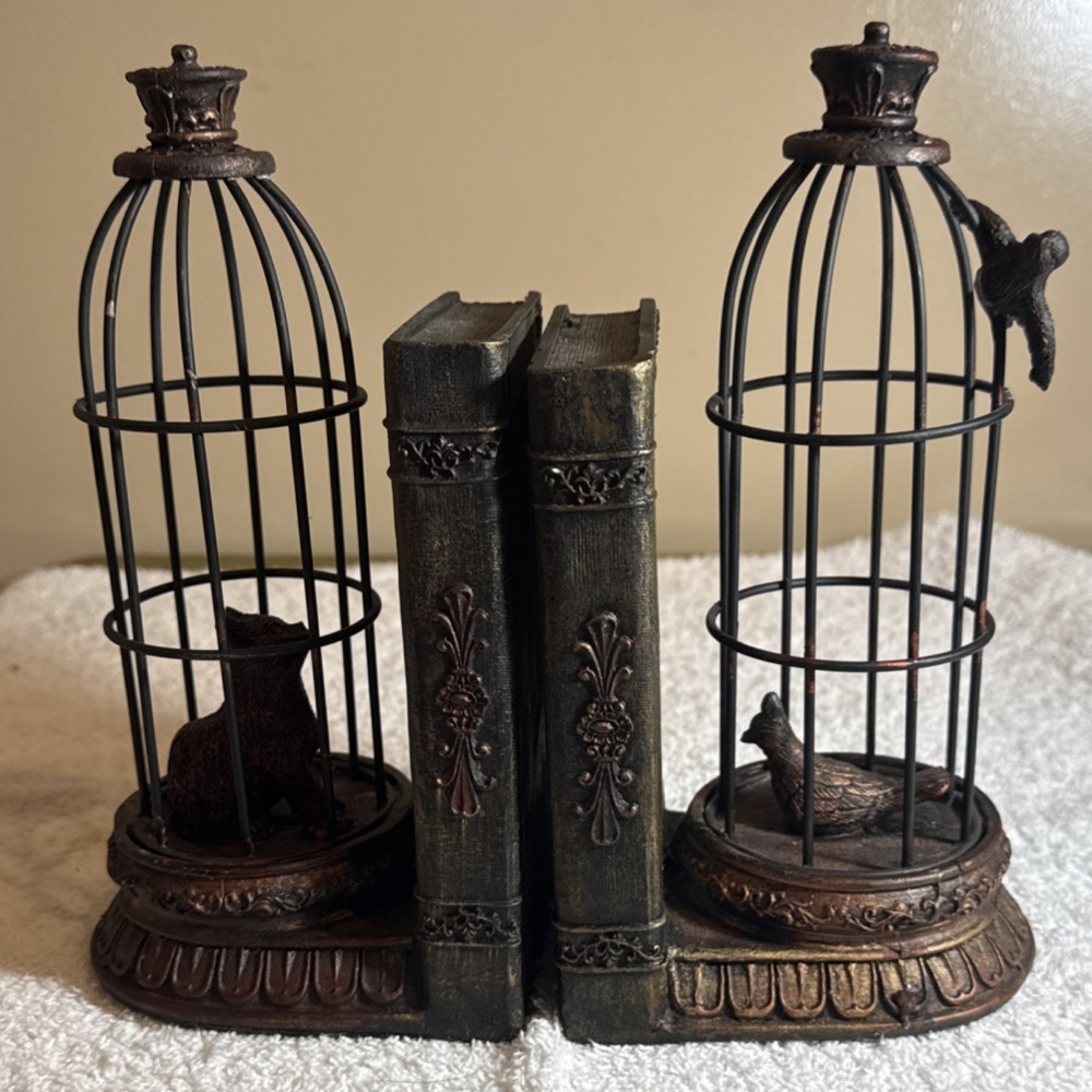 Antique Style Metal Resin Birdcage Bookends with Cat and Bird Figures
